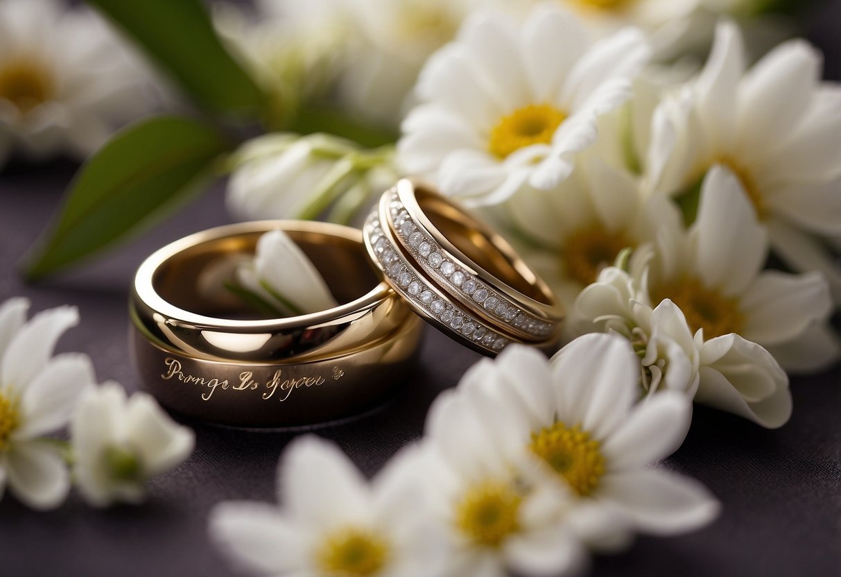 A couple's intertwined wedding rings resting on a bed of fresh flowers with the vow "I promise to foster the life we’ve built together." written in elegant calligraphy