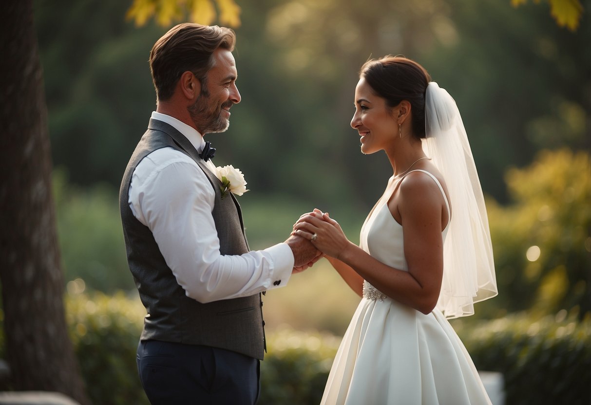 A couple stands facing each other, hands clasped, exchanging heartfelt vows. The setting is serene, with soft lighting and a backdrop of nature or an elegant venue