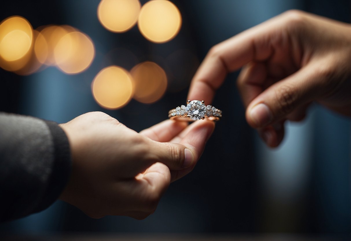 A person holds out an open hand, while another person places a ring on their finger