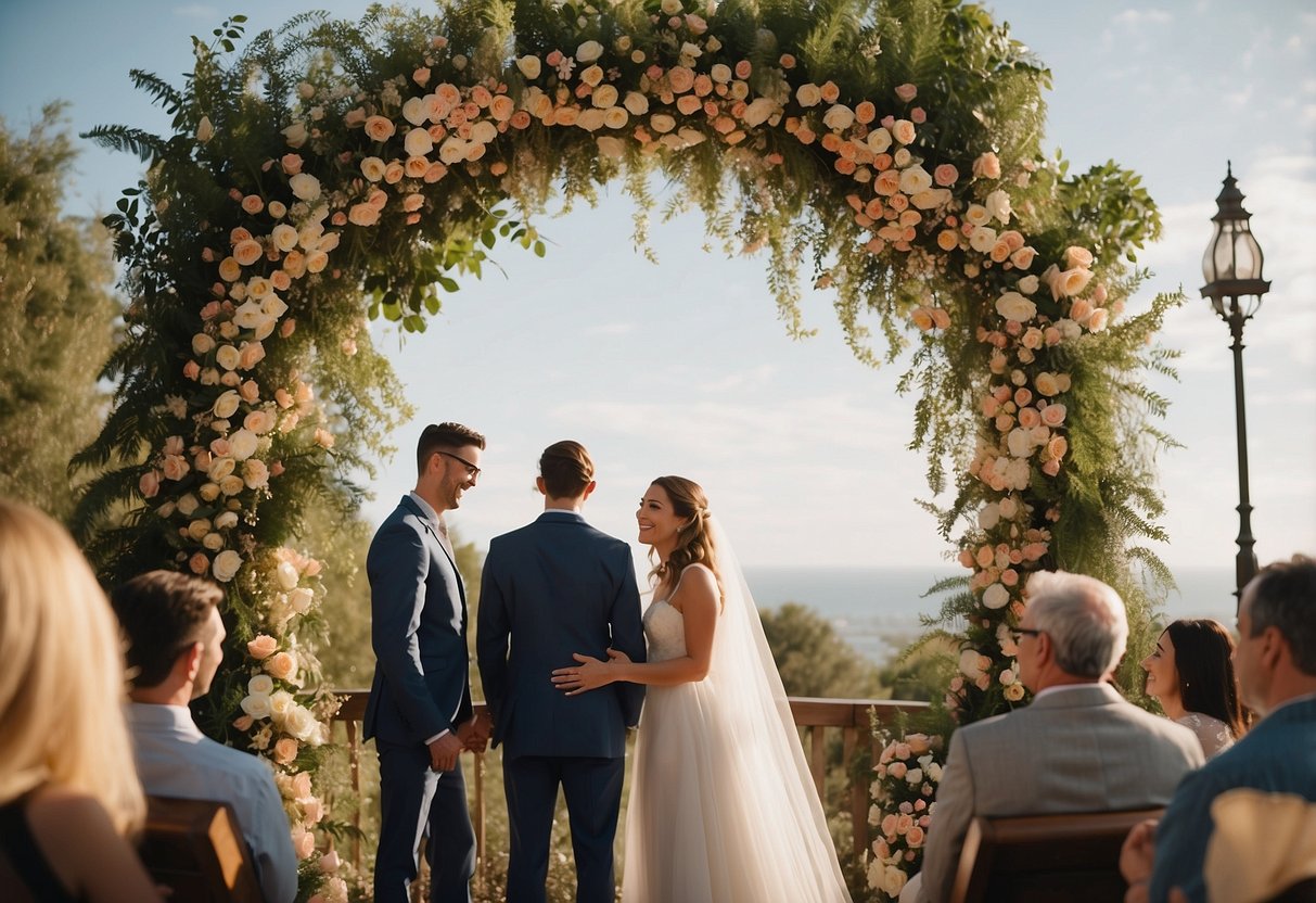 A couple stands beneath a floral arch, exchanging vows with smiles and laughter, surrounded by friends and family