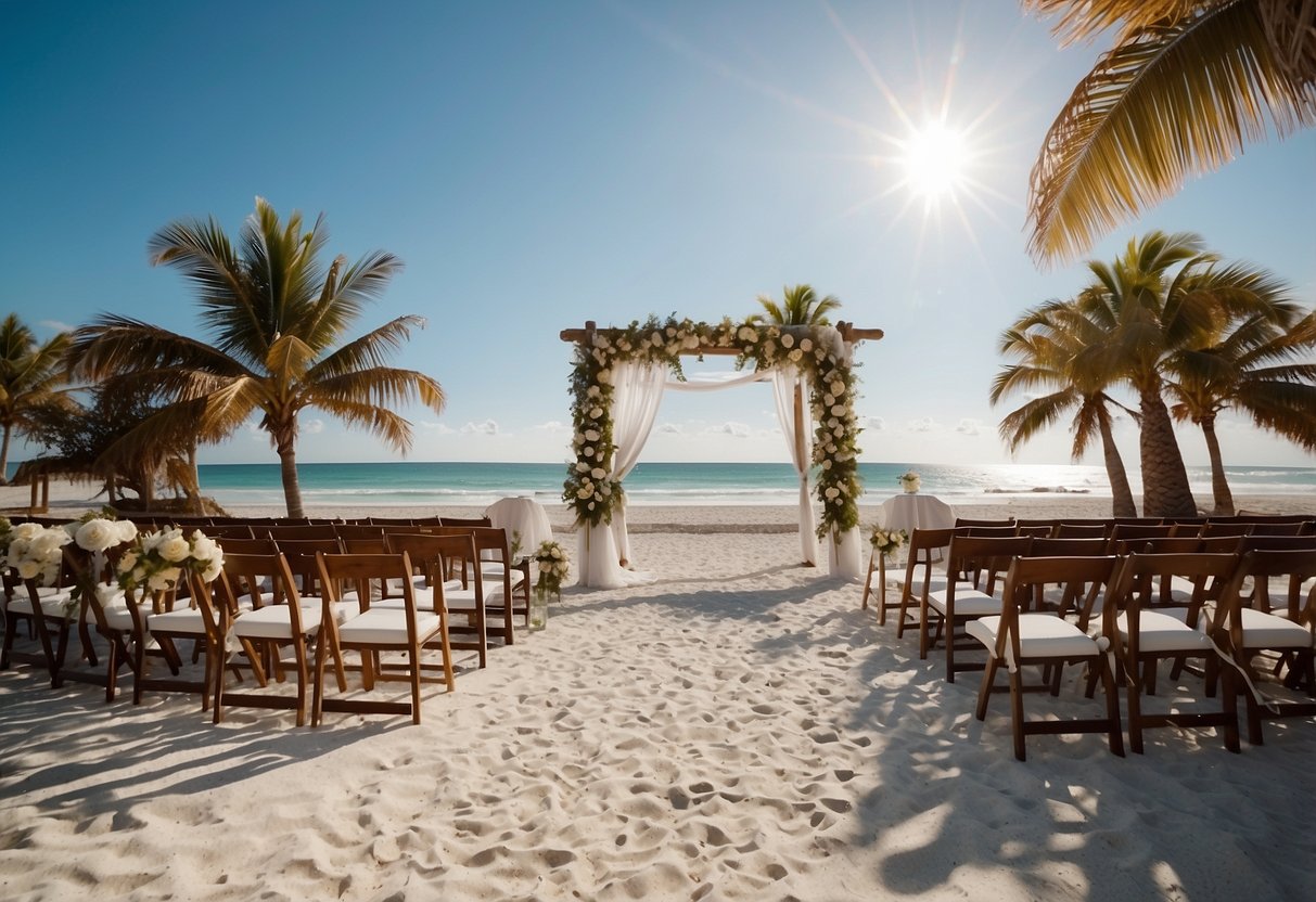 A sunny beach wedding in Florida, with palm trees swaying in the breeze and a clear blue sky overhead. White sand stretches out towards the sparkling ocean, creating a picturesque backdrop for a romantic ceremony