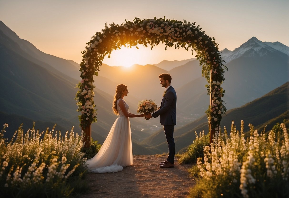 A couple stands under a blooming arch, exchanging vows with a scenic backdrop of mountains and a setting sun