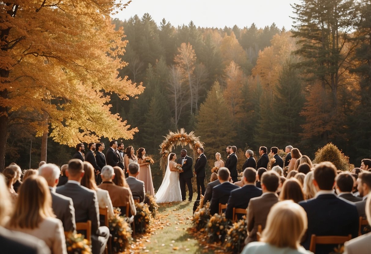 A cozy outdoor wedding ceremony with a small gathering of friends and family, surrounded by autumn foliage and warm sunlight