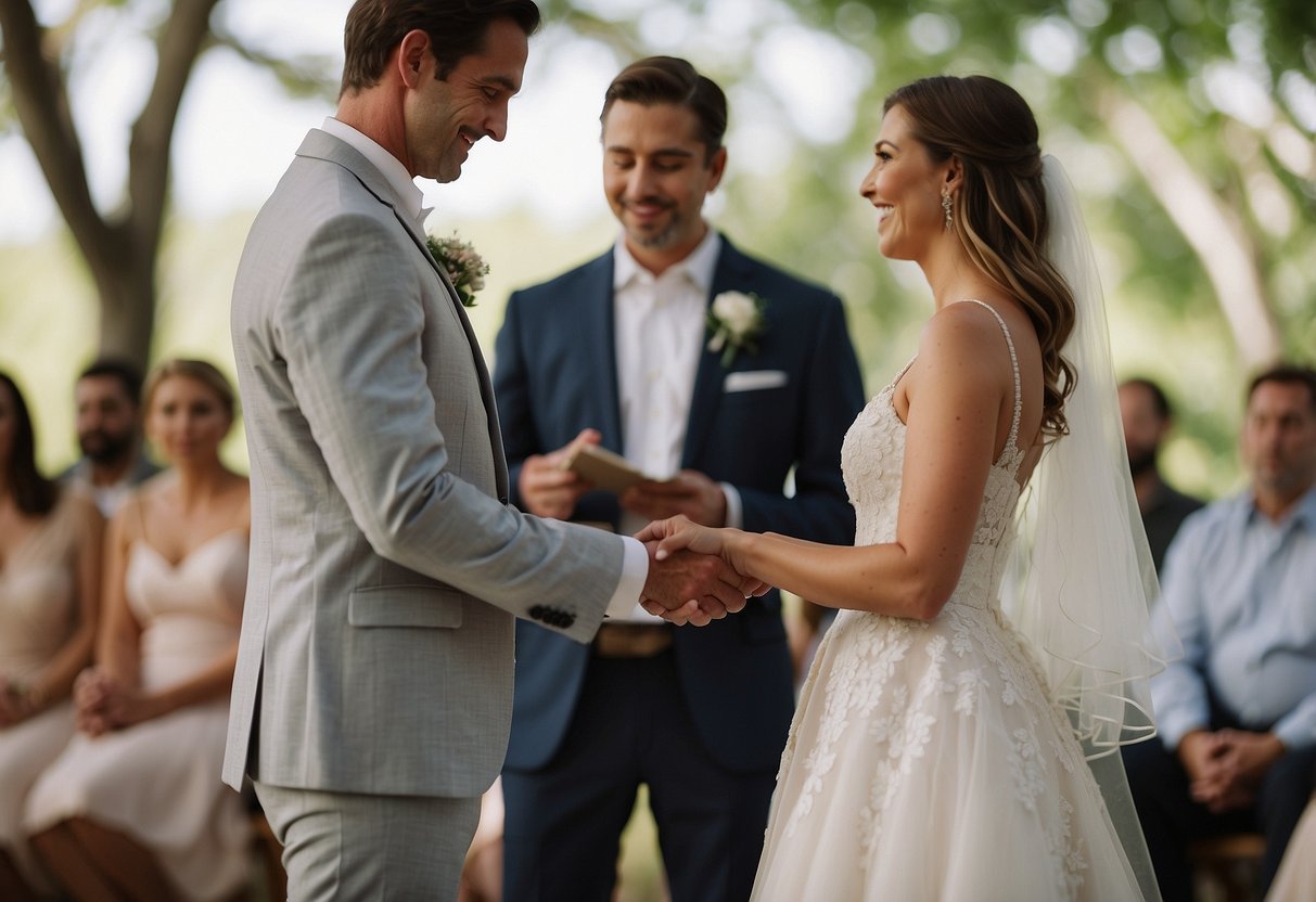 A couple stands facing each other, hands clasped, with a serene and loving expression on their faces as they exchange heartfelt wedding vows