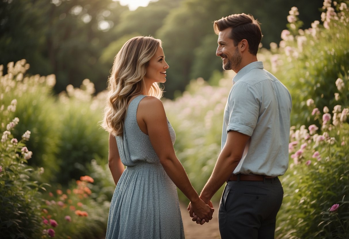 A couple stands facing each other, holding hands, with a serene and loving expression on their faces. The setting is a beautiful outdoor location, with flowers and greenery in the background