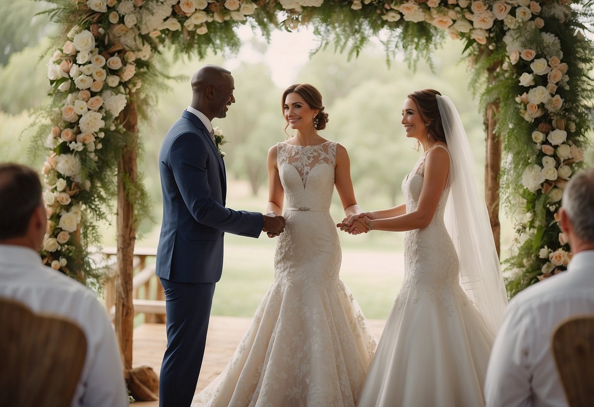 A couple standing face to face, holding hands, with a serene and loving expression as they exchange wedding vows