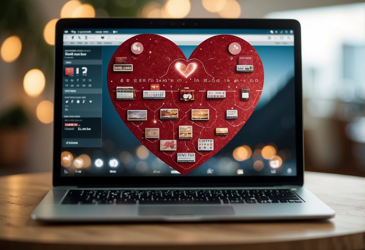 A laptop displaying a dating app with a heart icon. A calendar with a wedding date circled