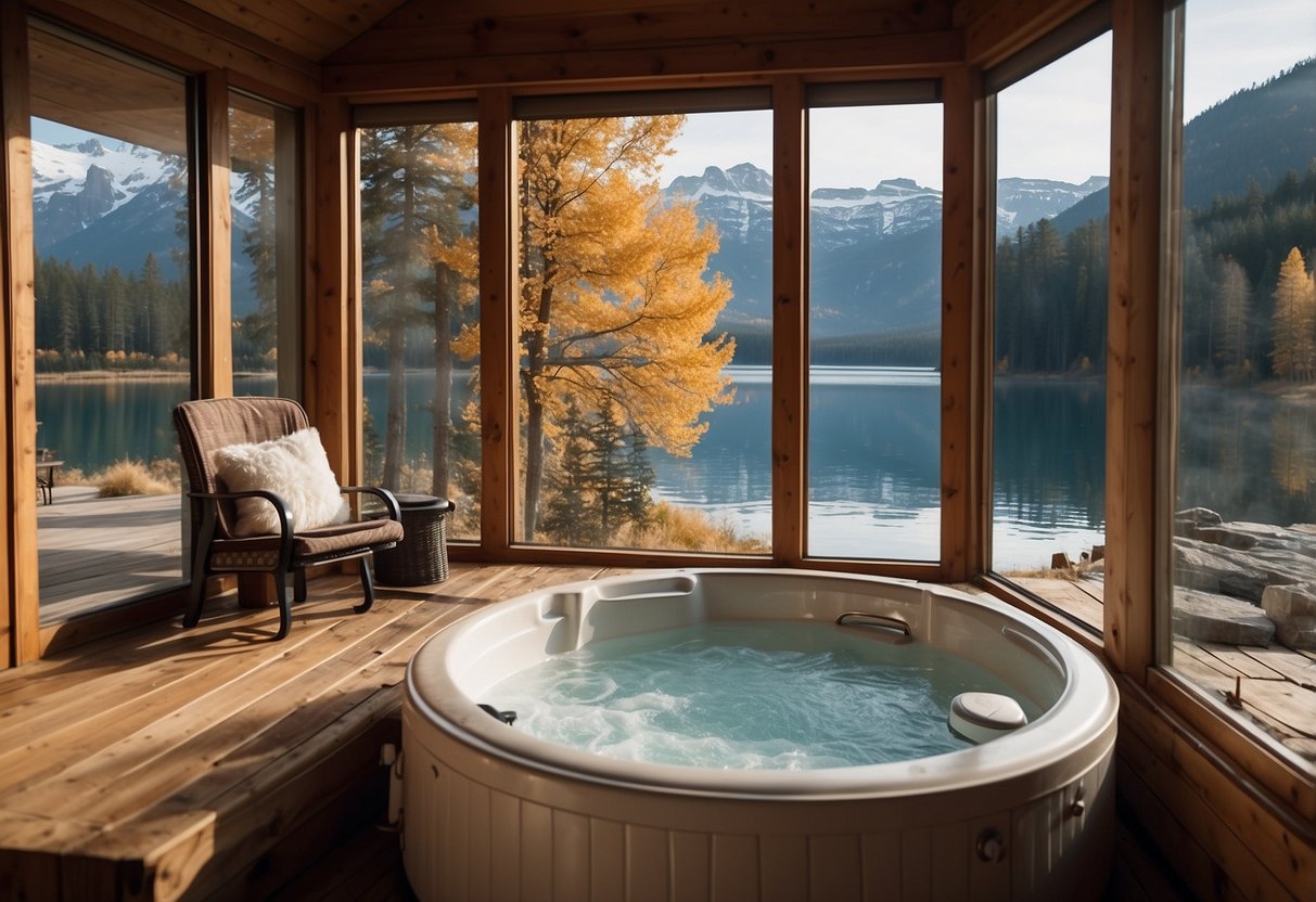 A cozy cabin nestled in the mountains, with a crackling fireplace and a hot tub overlooking a serene lake