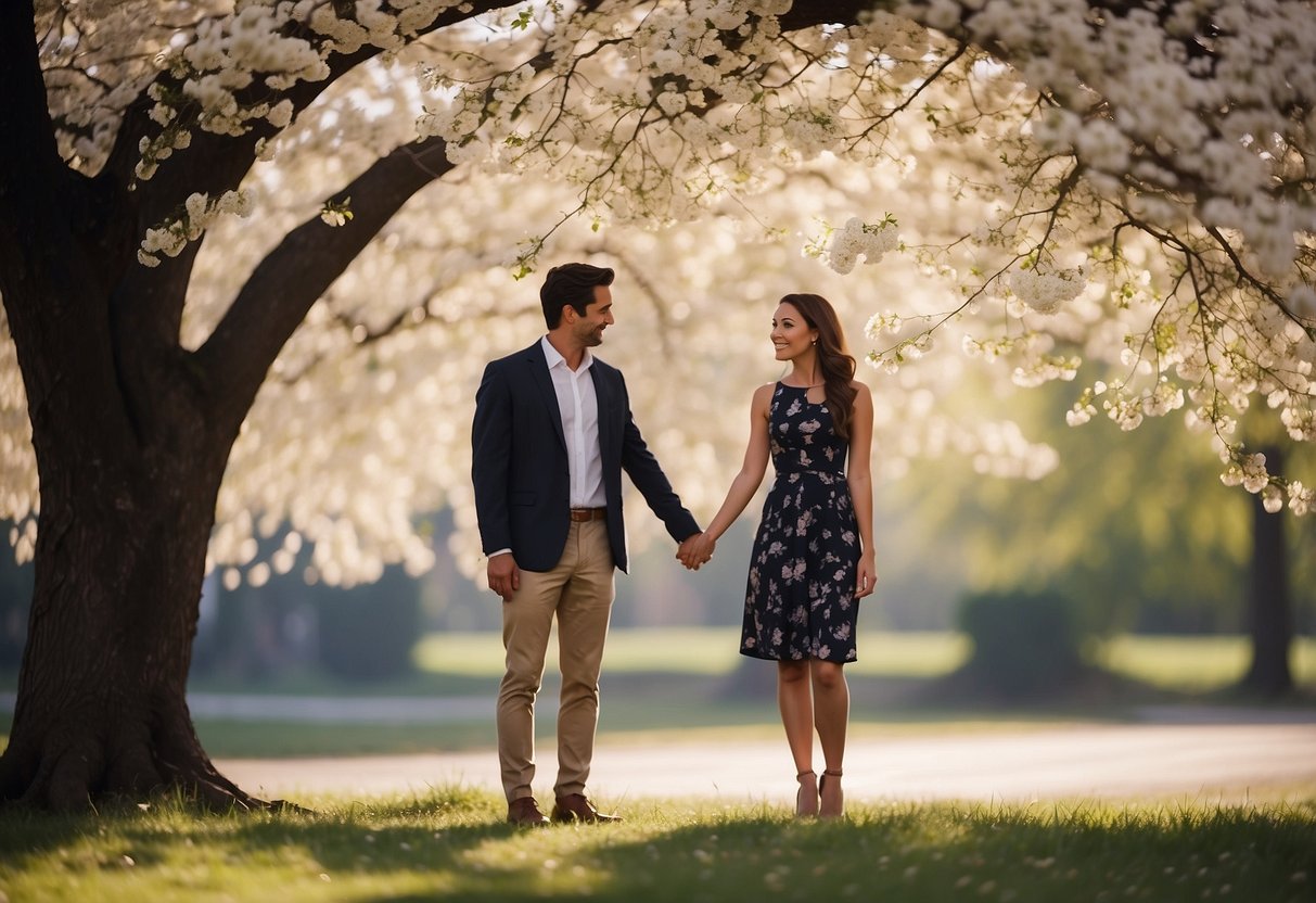 A couple standing under a blooming tree, holding hands and looking into each other's eyes, exchanging heartfelt vows