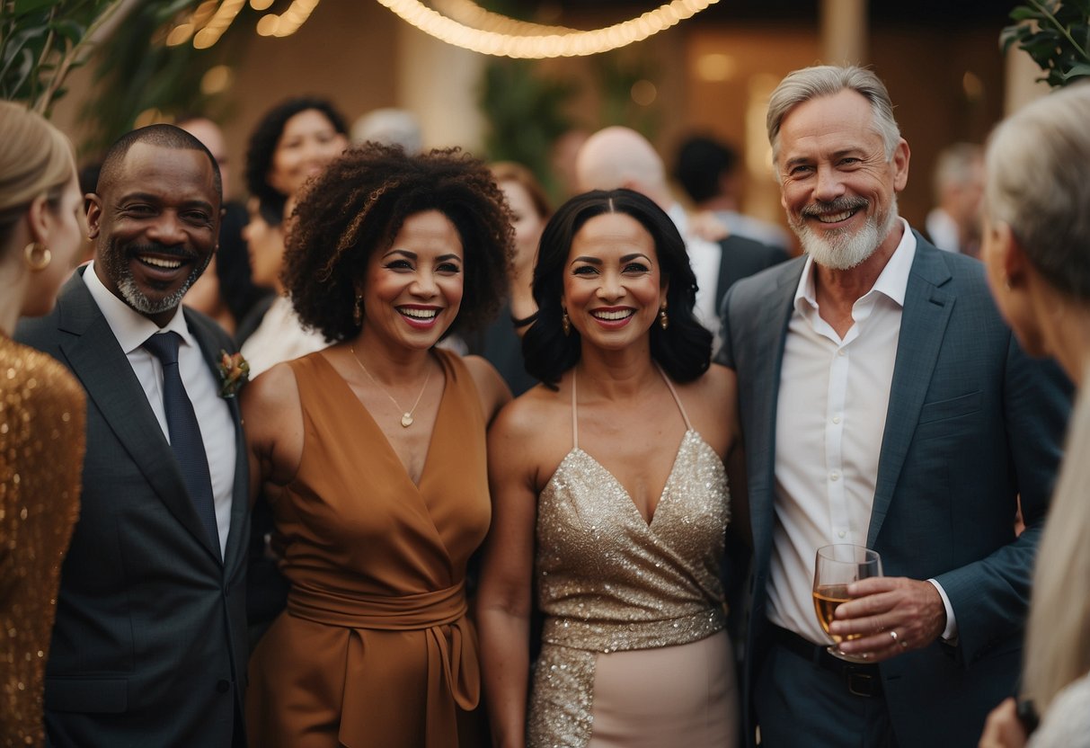 A diverse group of guests in their 40s celebrate at a modern wedding. The setting is inclusive and welcoming, with a mix of cultures and traditions represented