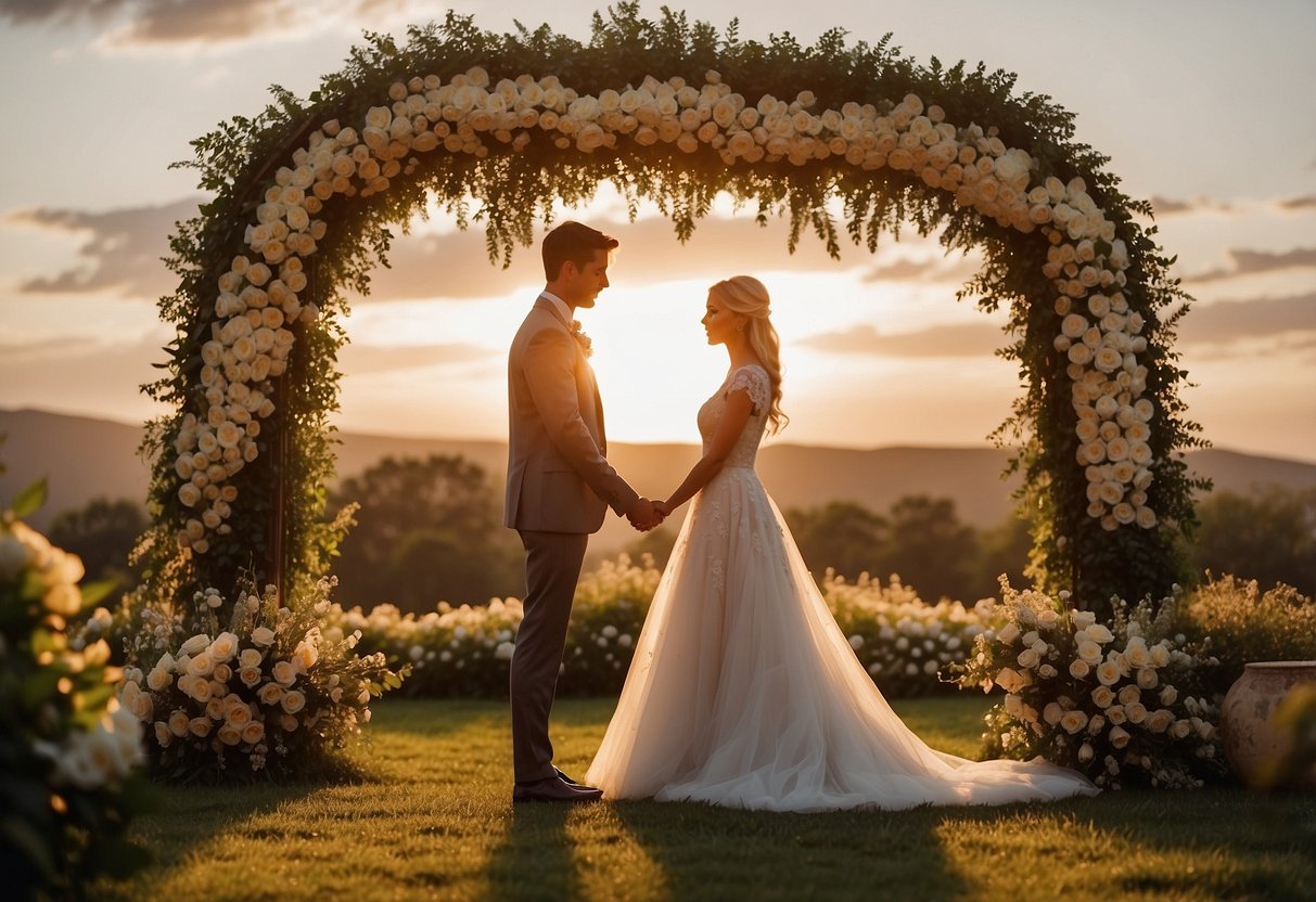 A bride and groom stand facing each other, exchanging heartfelt vows under a floral archway. The sun sets behind them, casting a warm glow over the scene