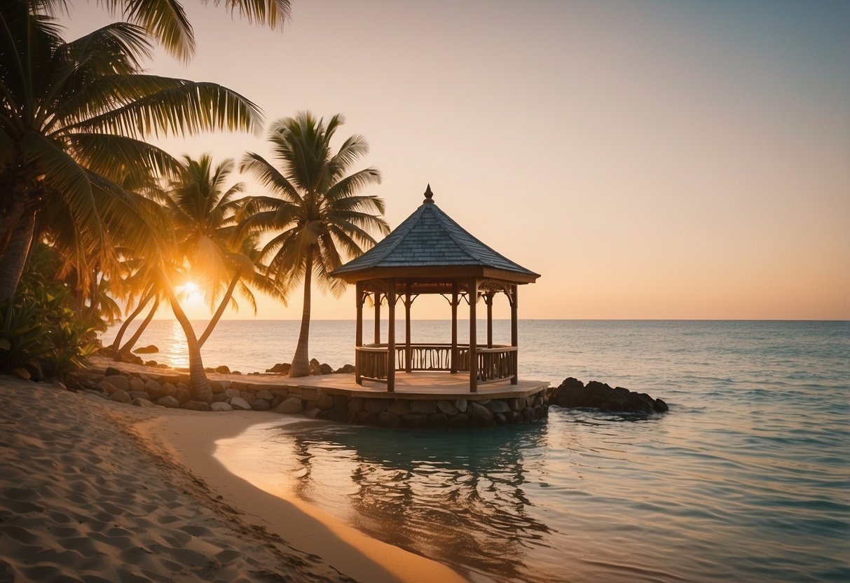 A picturesque beach setting with palm trees and a gazebo, overlooking crystal-clear waters and a golden sunset, surrounded by lush tropical foliage