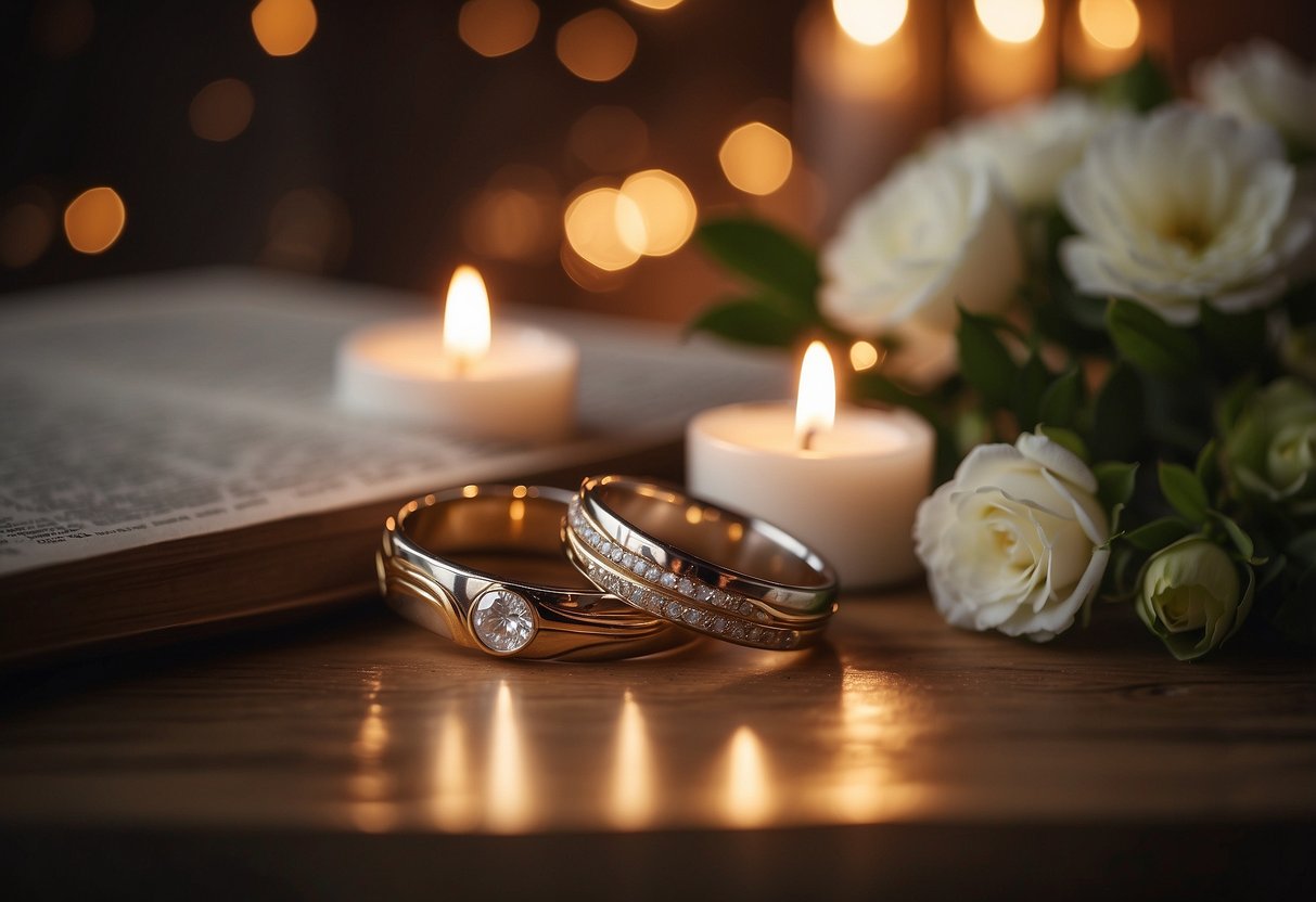 A cozy, candlelit room with two intertwined rings on a rustic wooden table, surrounded by soft, warm lighting and delicate floral arrangements