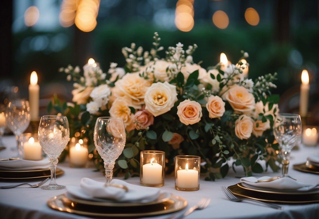 A beautifully decorated wedding table with floral centerpieces, elegant place settings, and soft candlelight