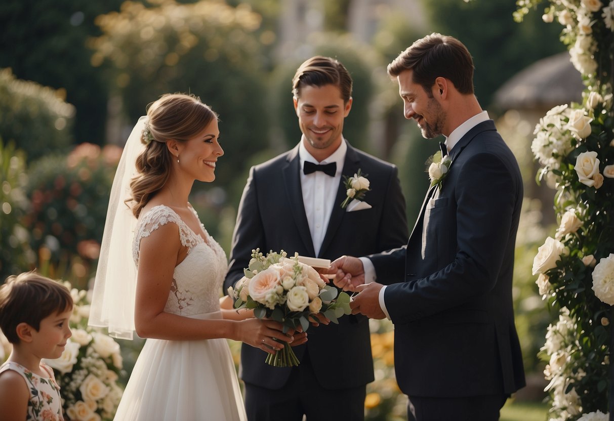 A couple exchanging personalized wedding vows in a garden, surrounded by family and friends