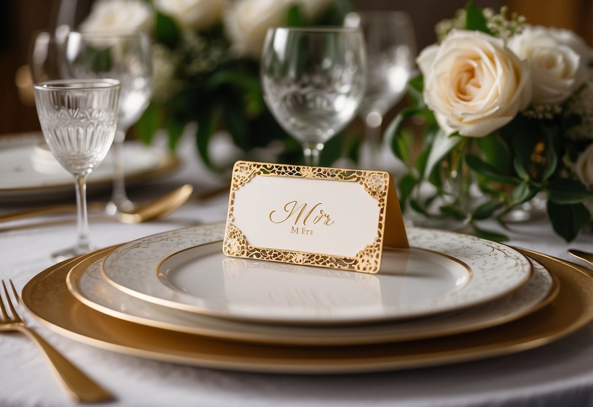 Two elegant laser-cut nameplates, one reading "mr" and the other "mrs," sit on a beautifully set wedding table, surrounded by floral centerpieces and delicate place settings