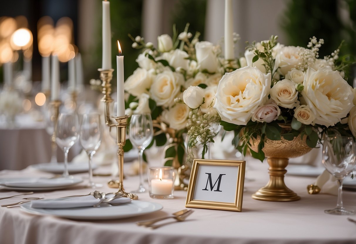 A table set with two floral centerpieces, one adorned with the initials "mr" and the other with "mrs," creating a romantic and elegant wedding decor