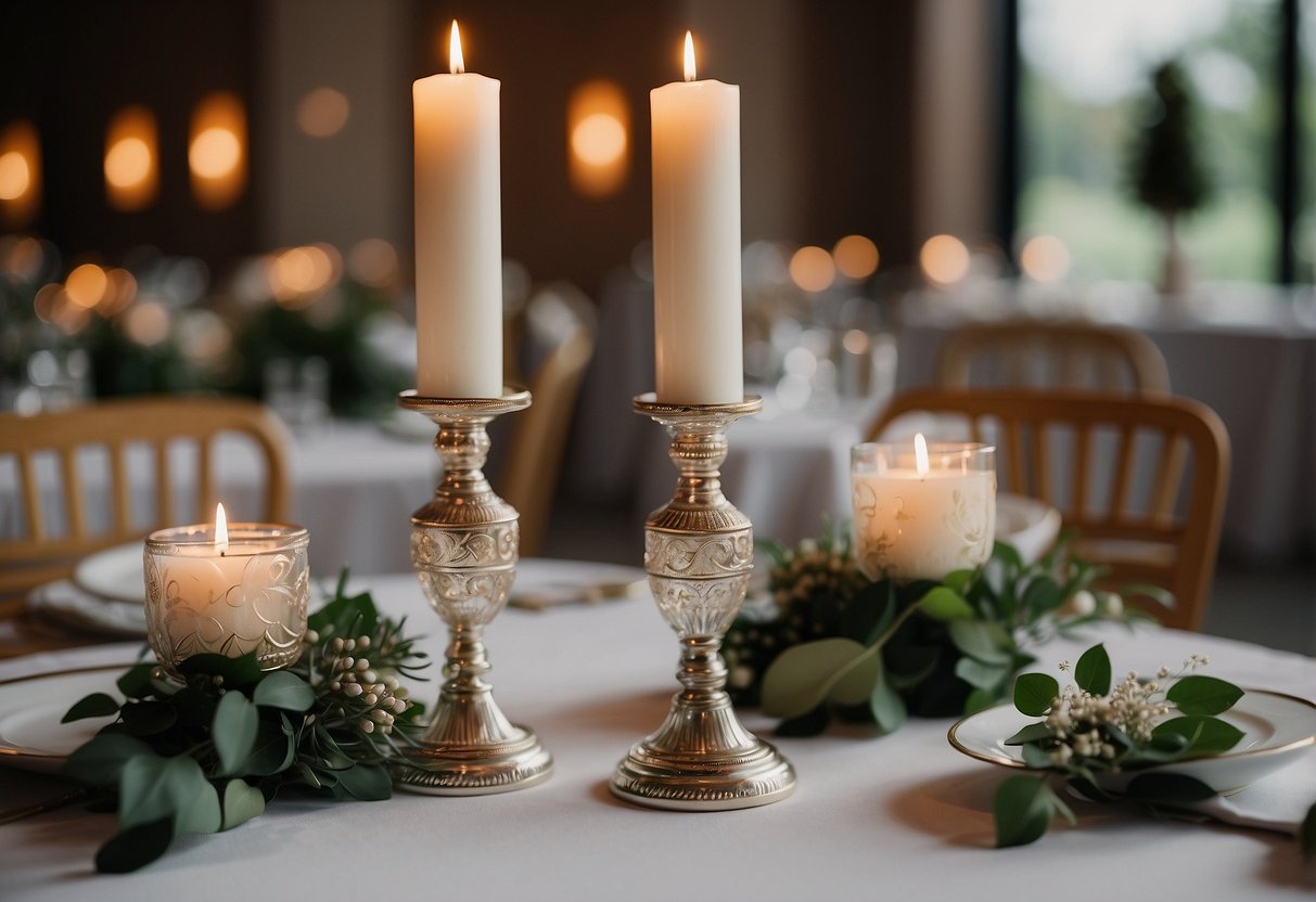 Two elegant candle holders with "Mr" and "Mrs" engraved on them sit on a beautifully decorated wedding table