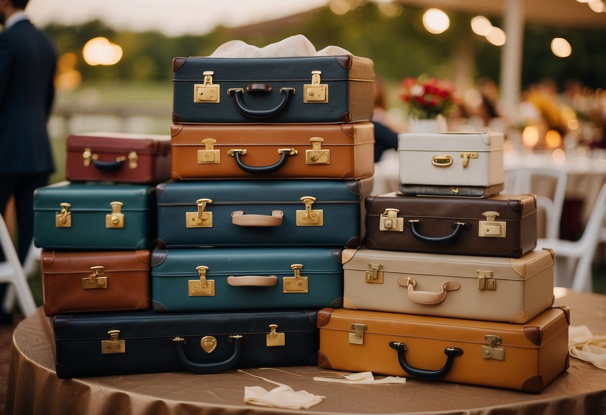 A stack of vintage suitcases serves as a unique display for wedding cards at the Mr. and Mrs. table