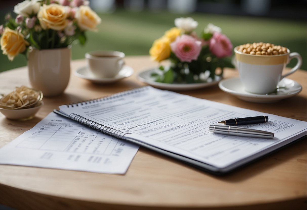 A table with a budget spreadsheet, flowers, and cake options. A scale with "priority" on one side and "cost" on the other. A wedding dress sketch