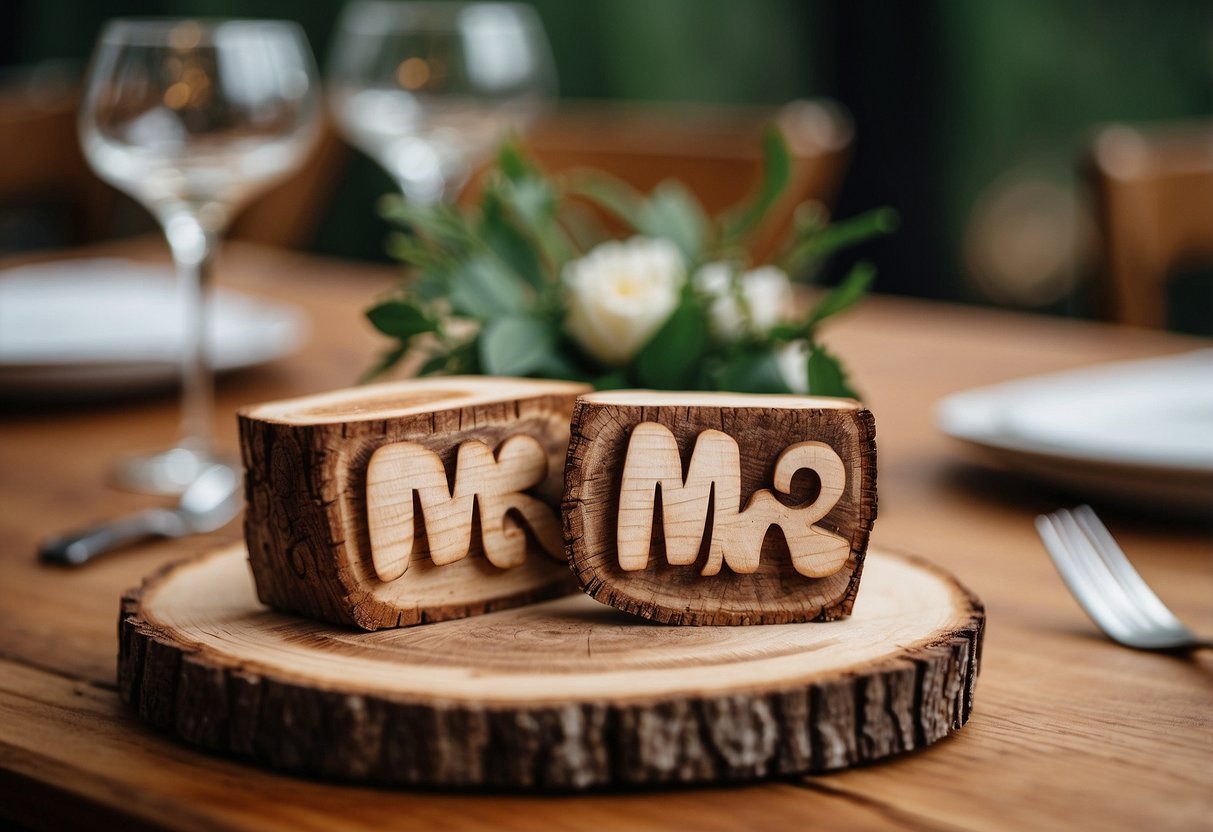 Wooden slices with "mr" and "mrs" carved on them, arranged on a rustic wedding table