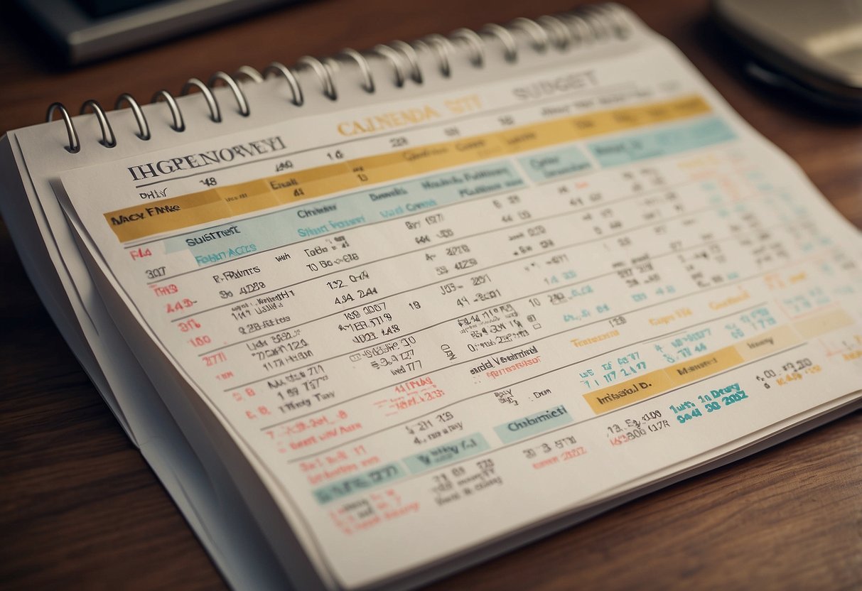 A calendar with highlighted off-peak dates, a list of wedding expenses, and a budget breakdown chart