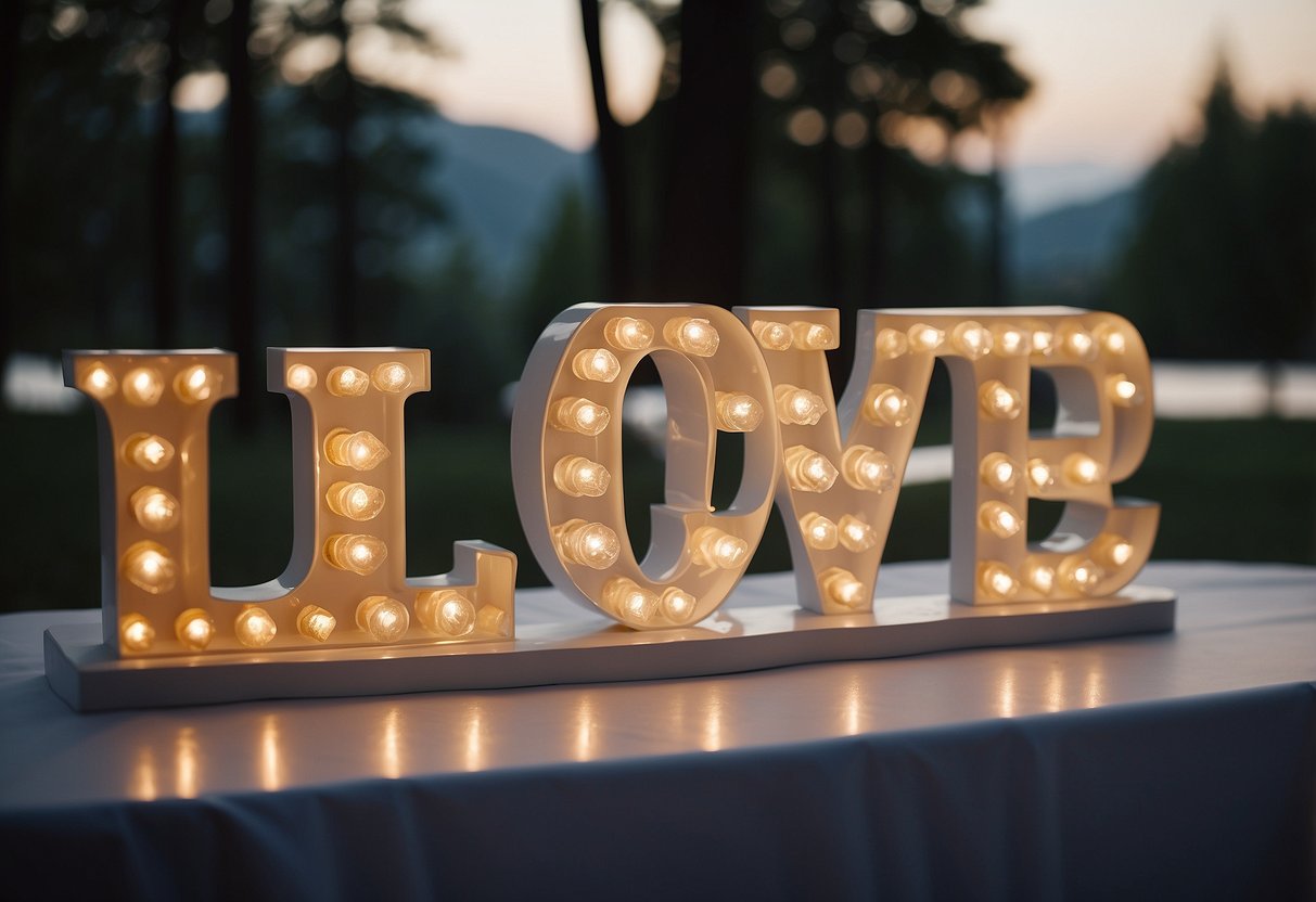 A wedding table adorned with "LOVE" marquee letters, creating a romantic ambiance for the newlyweds