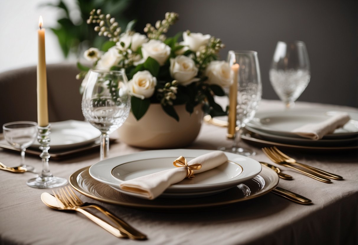 A simple, elegant table setting with neutral colors and clean lines. A few carefully chosen, understated decorations add a touch of sophistication without breaking the budget