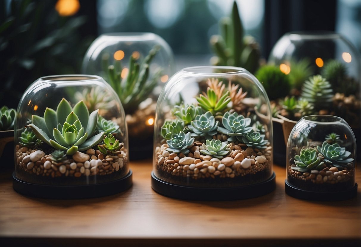 Geometric terrariums with succulents arranged as wedding table decor