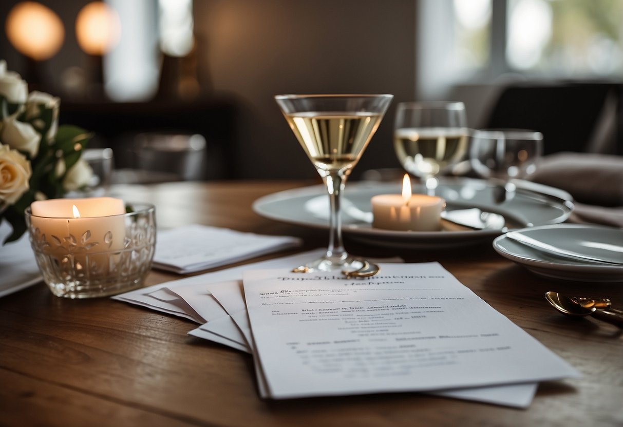 A table with wedding invitation supplies organized by cost, with a budget spreadsheet in the background. A couple discussing priorities