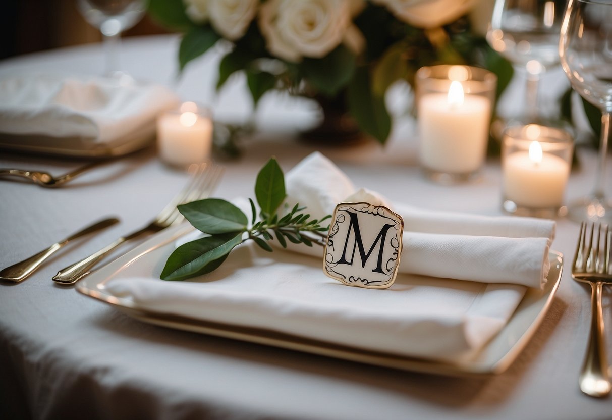 Monogrammed napkins with "mr" and "mrs" on wedding table