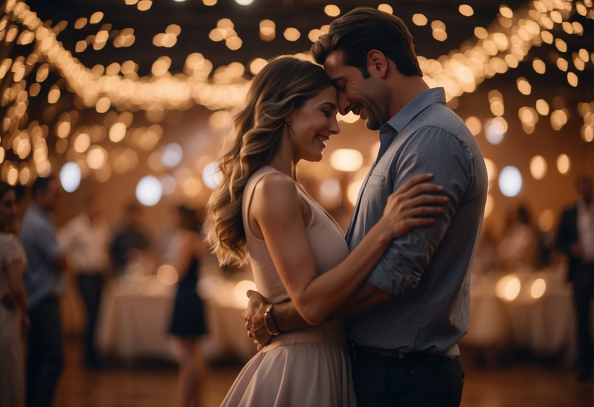 A couple stands on a dance floor, surrounded by twinkling lights and flowers. They hold each other close, swaying to the music, with joy and love in their eyes