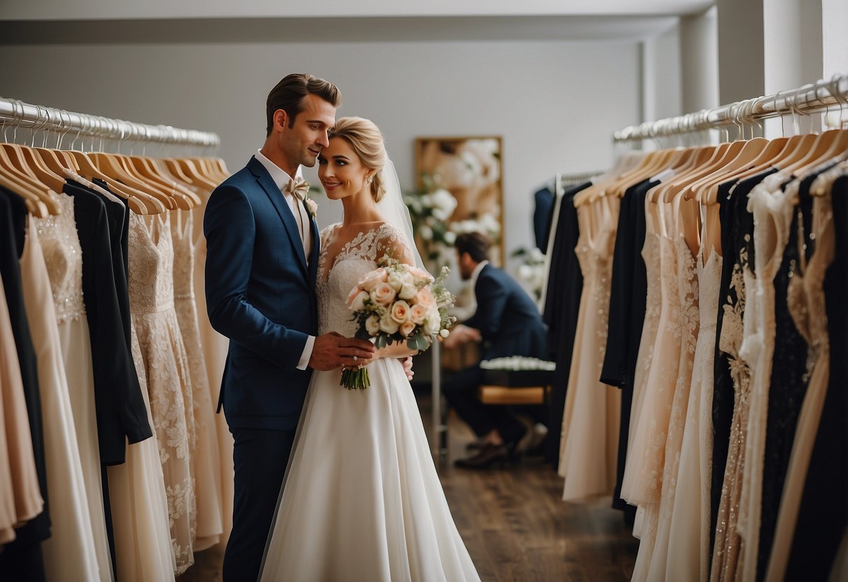 A bride and groom stand in front of a rack of rental wedding attire, carefully selecting pieces while discussing budget-friendly options