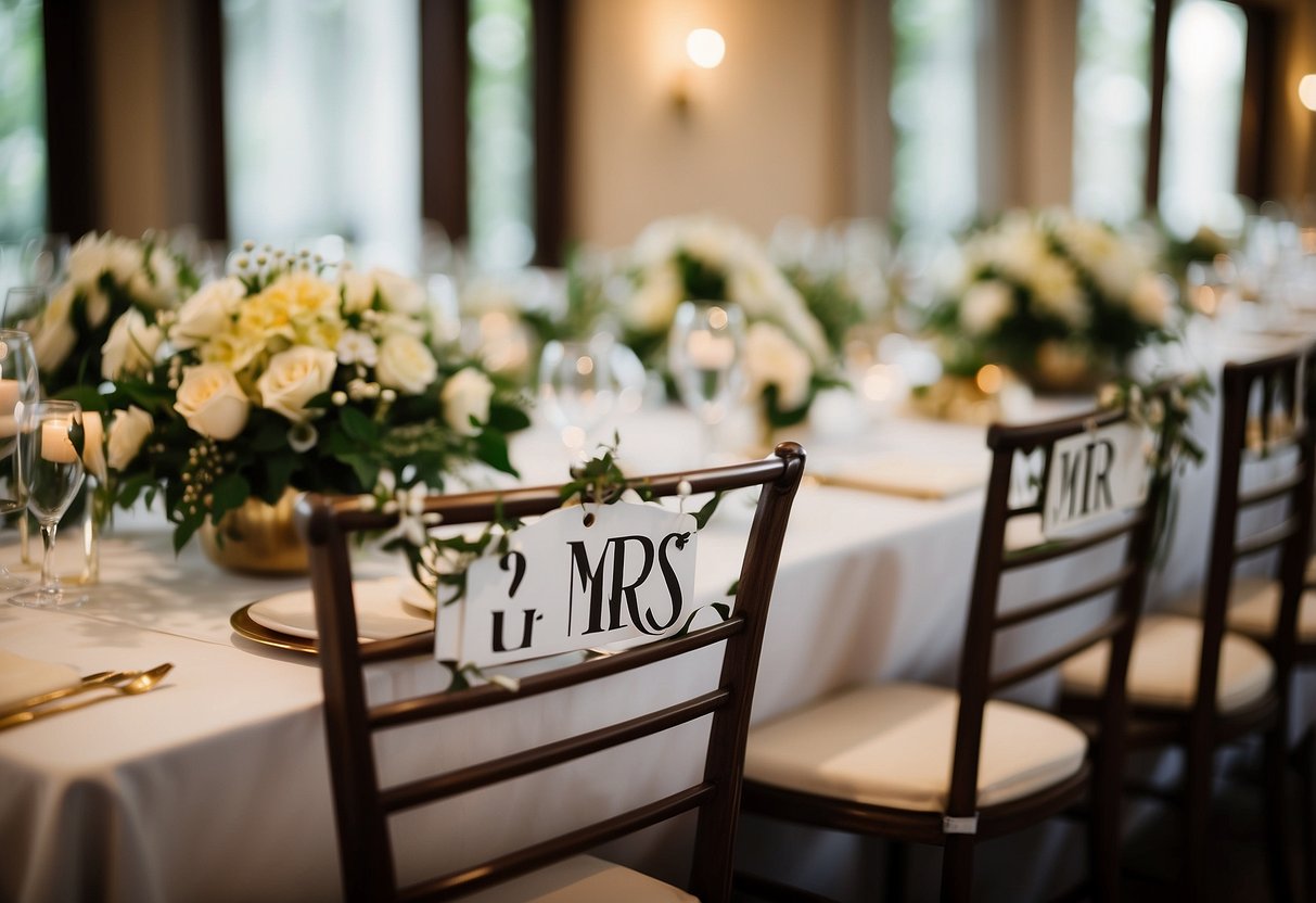 Two elegant chair signs with "Mr." and "Mrs." labels on a beautifully decorated wedding table