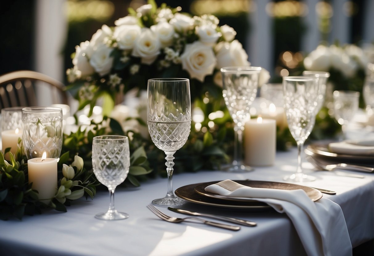 A beautifully set wedding table with elegant centerpieces and personalized place settings