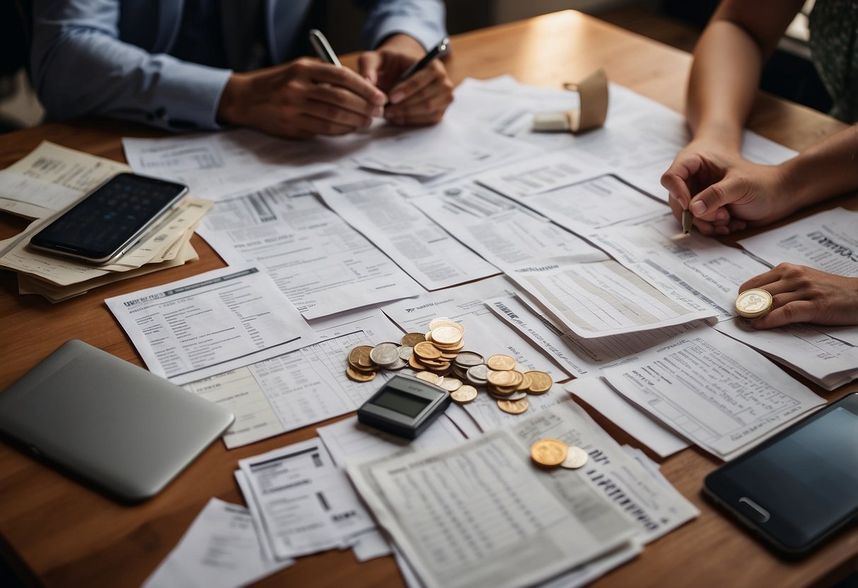 A couple sits at a table, sorting through wedding expenses. A budget spreadsheet and wedding magazines are scattered around, as they prioritize their spending