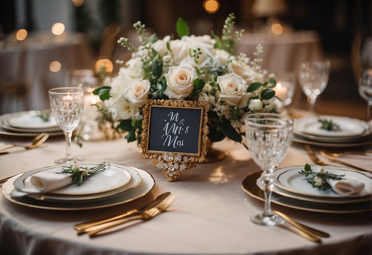 A beautifully decorated table with "Mr and Mrs" signage, elegant floral centerpieces, and personalized place settings