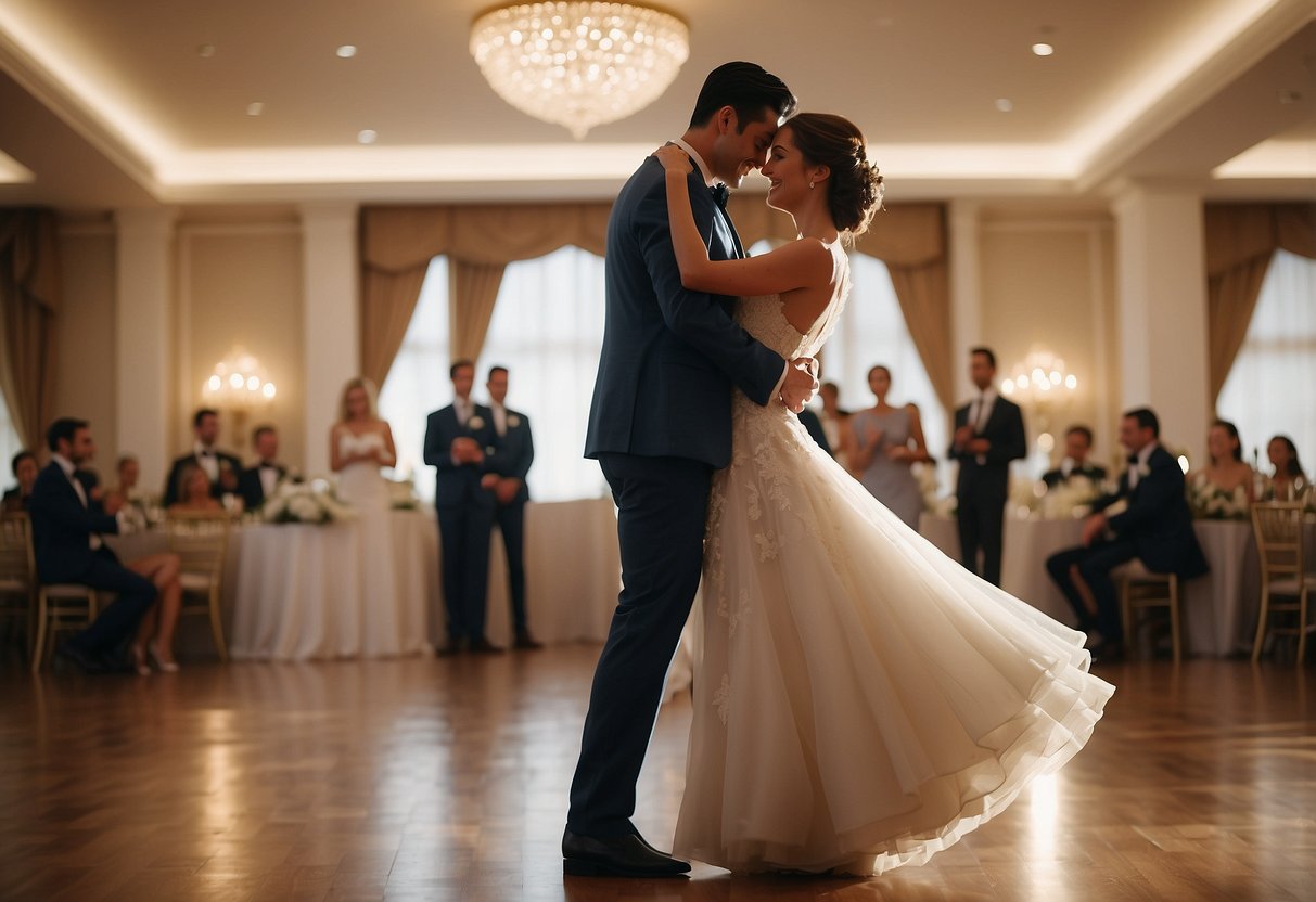 A couple in wedding attire practices their first dance in a spacious, elegant ballroom. Soft, romantic lighting bathes the room, and the couple moves gracefully across the floor, smiling at each other with joy and anticipation