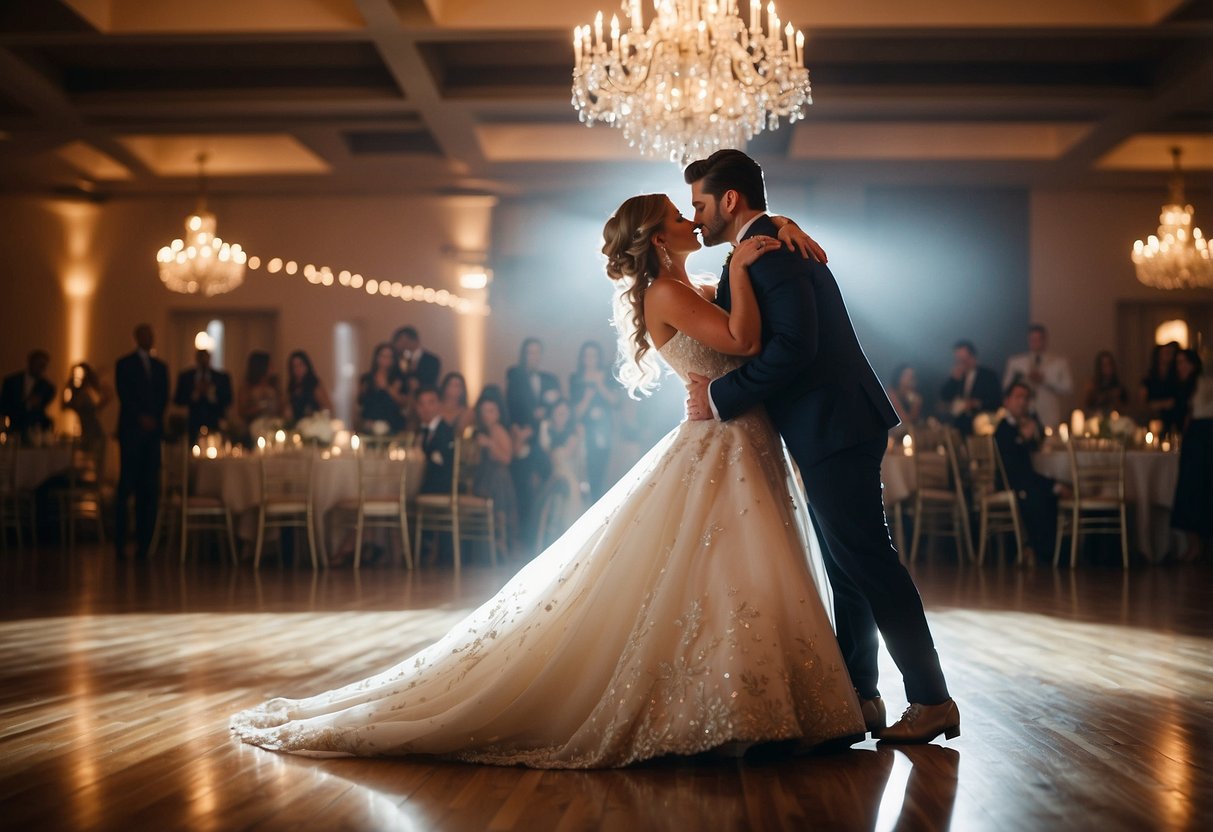 A beautifully decorated dance floor with soft lighting, a sparkling chandelier overhead, and a spotlight shining on the center where the newlyweds share their first dance