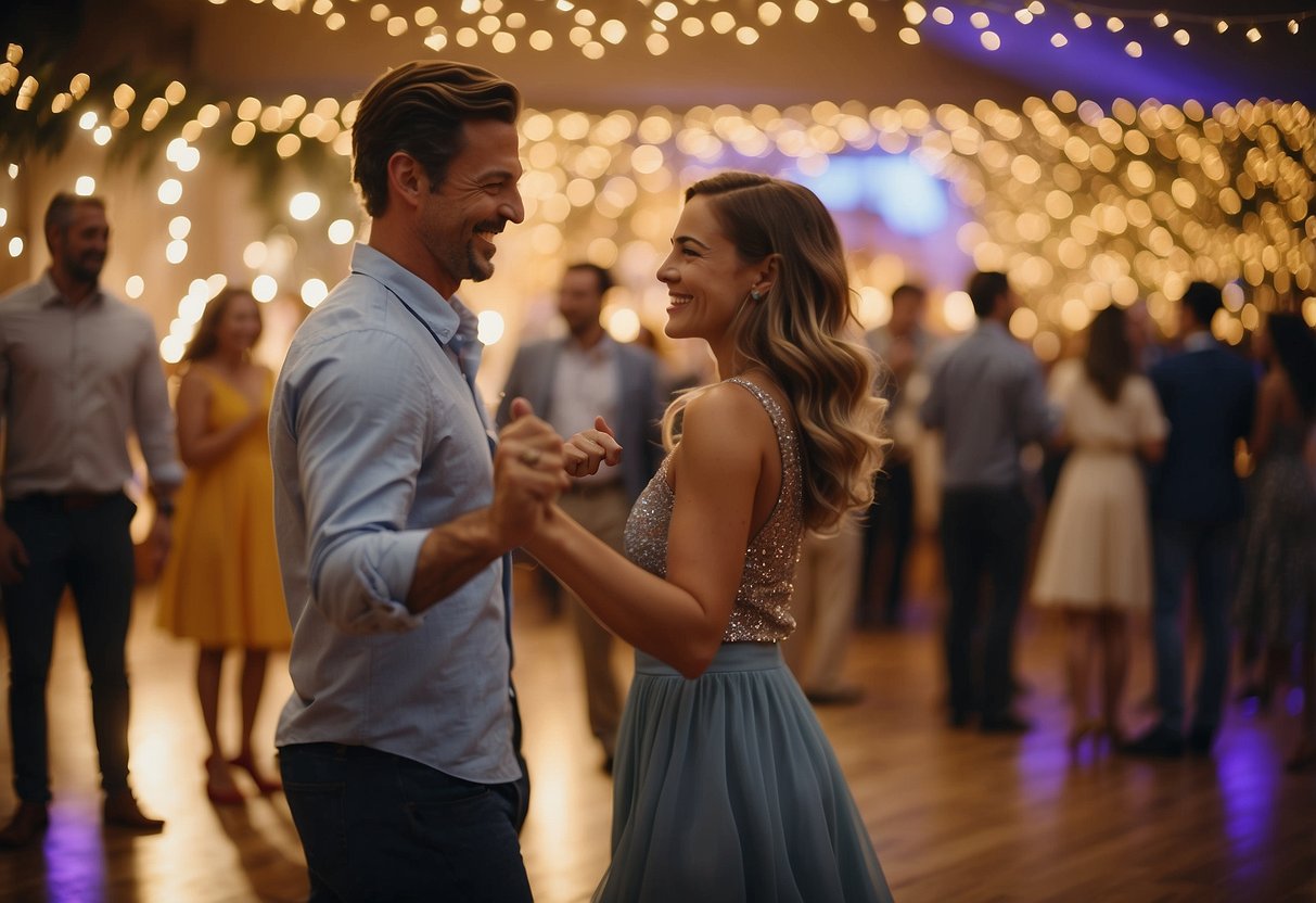 A couple twirls on a dance floor, smiling and laughing, surrounded by friends and family. The atmosphere is joyful and carefree, with colorful decorations and twinkling lights creating a romantic backdrop