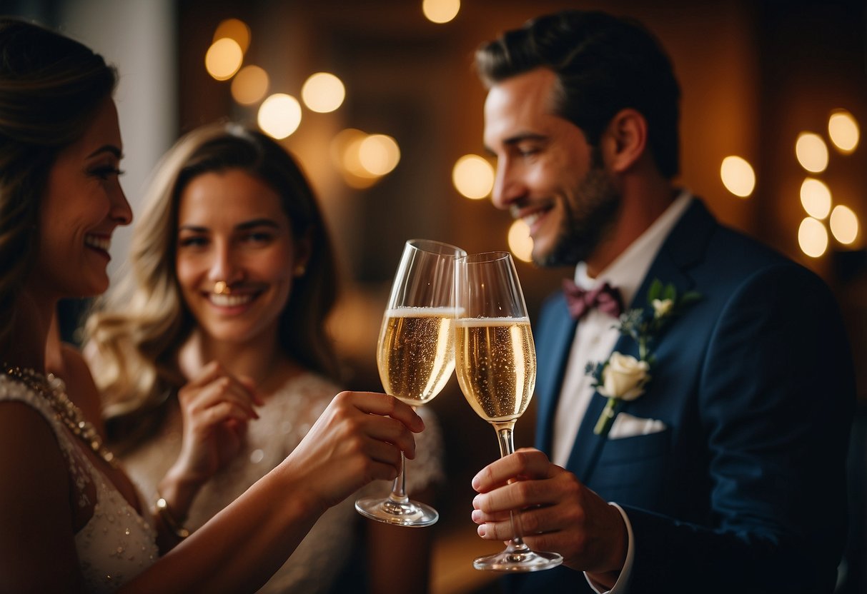 Newlyweds toast with champagne, exchange loving glances, and embrace in a warm, candlelit room