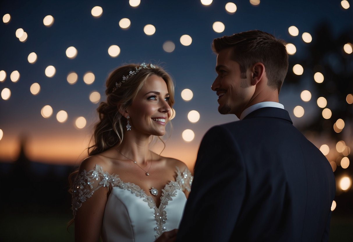 Newlyweds stargazing on their wedding night, surrounded by twinkling stars and a crescent moon in the night sky