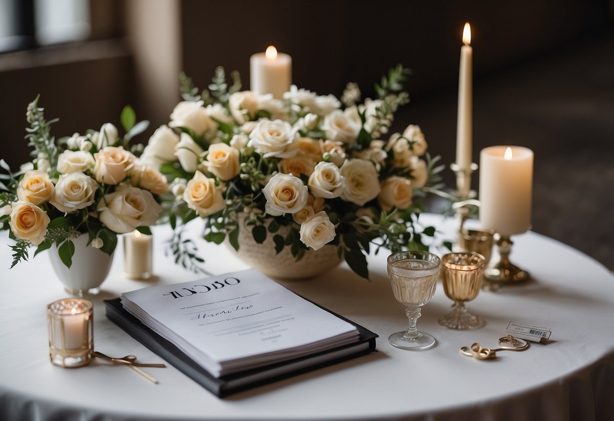 A table with wedding magazines, flowers, and a checklist. A calendar with the wedding date circled. A bride's gown and a tuxedo sketch