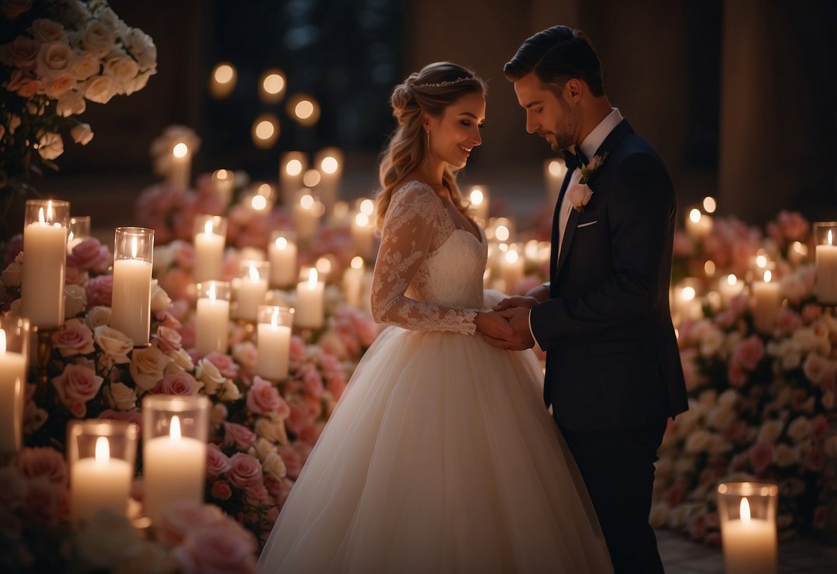 Newlyweds watch their wedding video, surrounded by soft candlelight and scattered rose petals