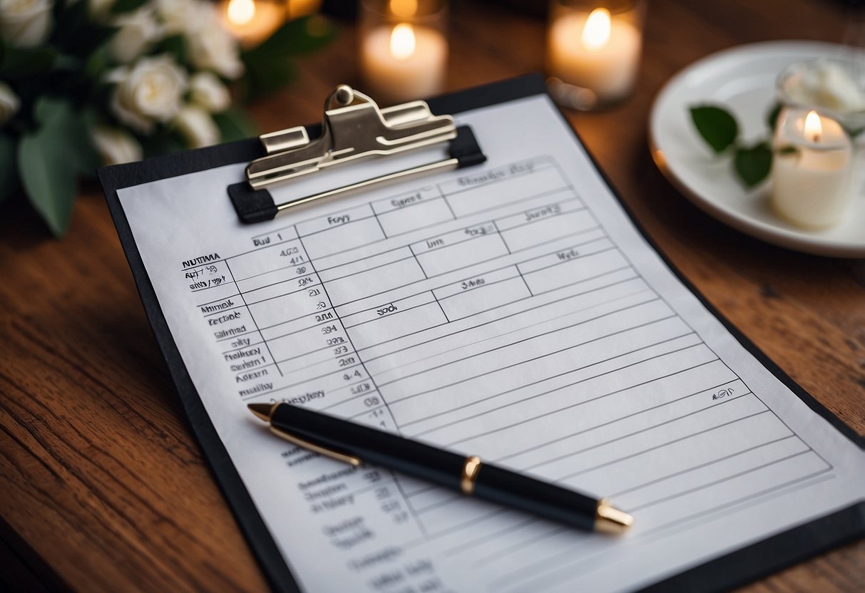 A clipboard with a guest list, a pen, and a calendar with the wedding date circled