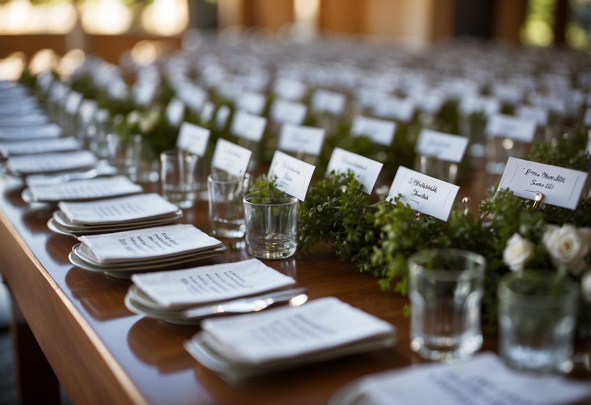 Guests' names on place cards, tables arranged in neat rows, and a seating chart displayed on an easel