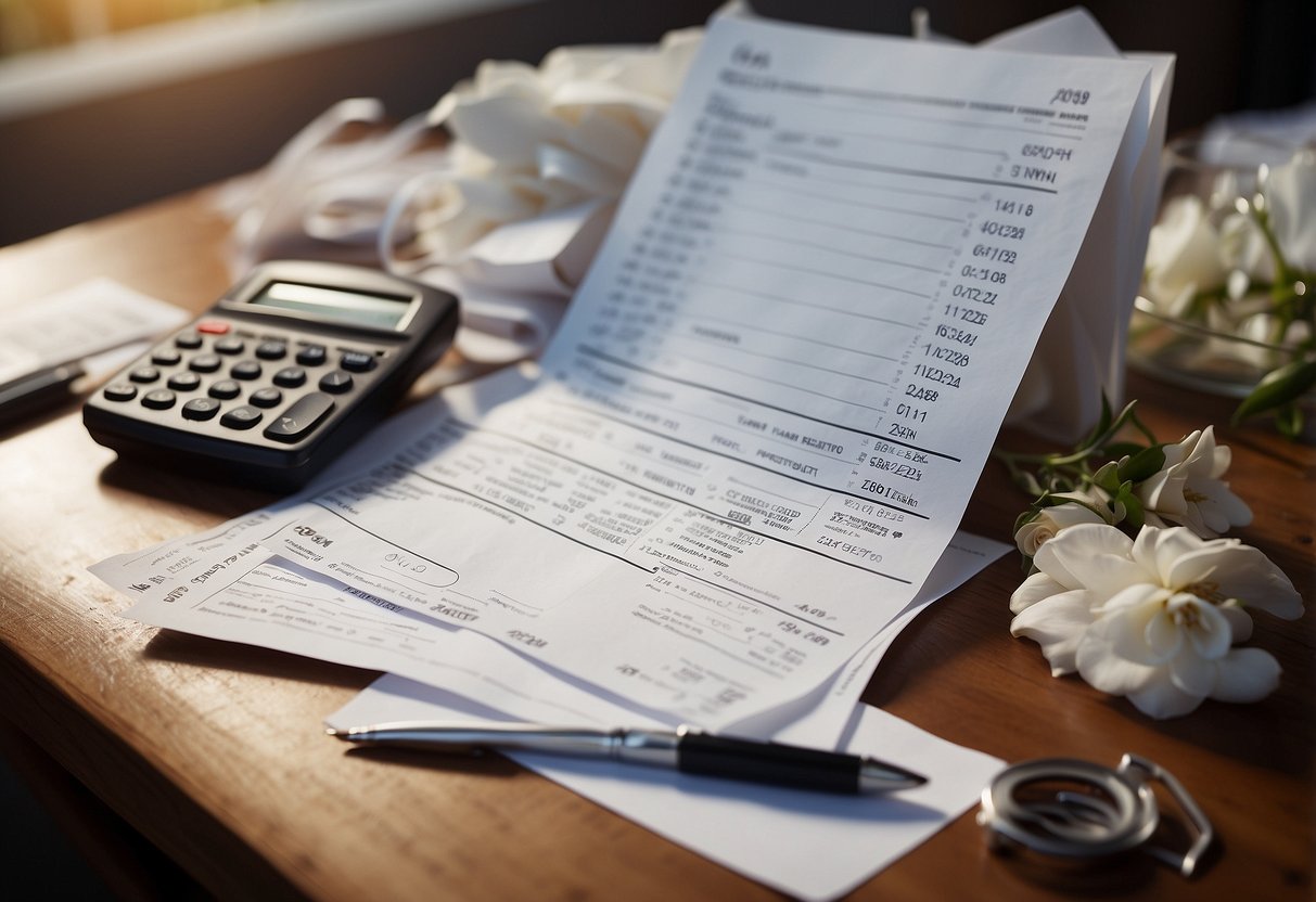 A table with wedding receipts, a calculator, and a pen. Envelopes labeled "final payments" scattered around. A calendar showing last week's dates