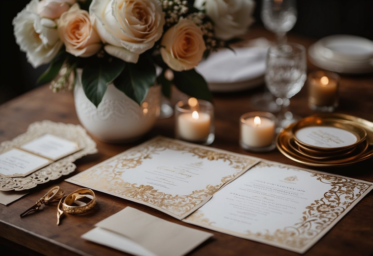 A table with various wedding invitation designs spread out, surrounded by flowers and elegant calligraphy tools