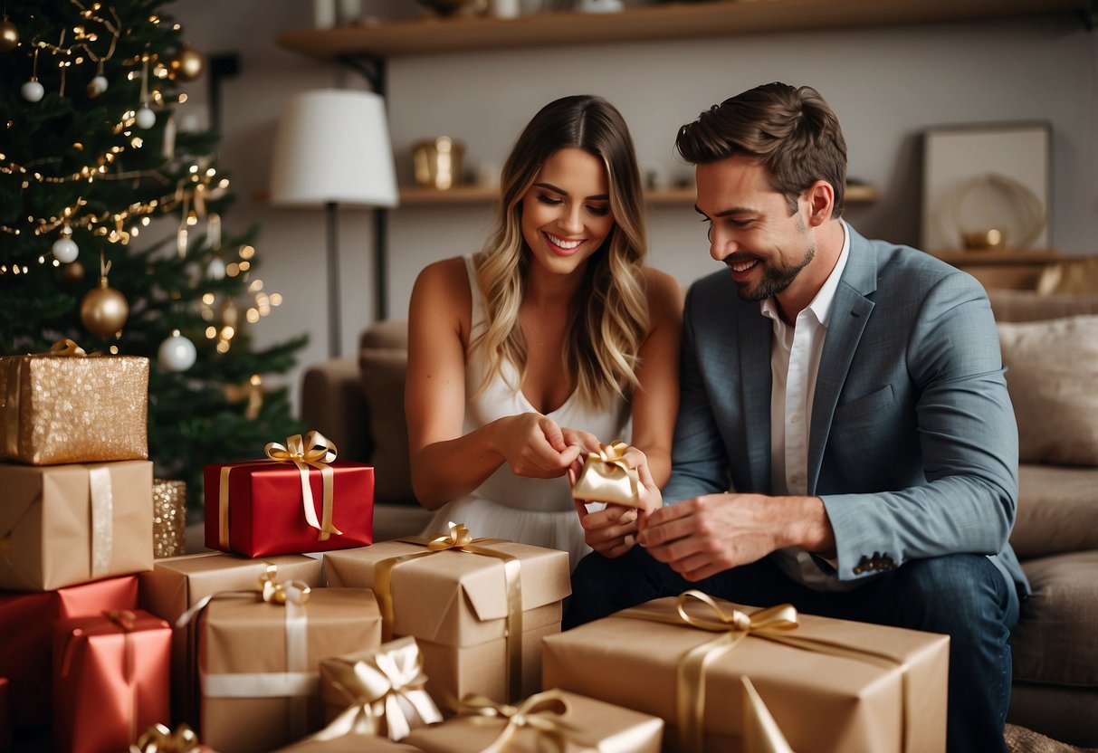 Newlyweds unwrap gifts, surrounded by scattered wrapping paper and ribbons