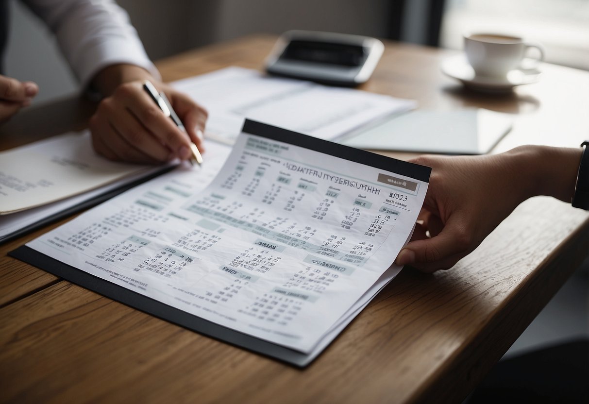 A person checking their travel documents at a desk with a calendar and wedding invitation in the background